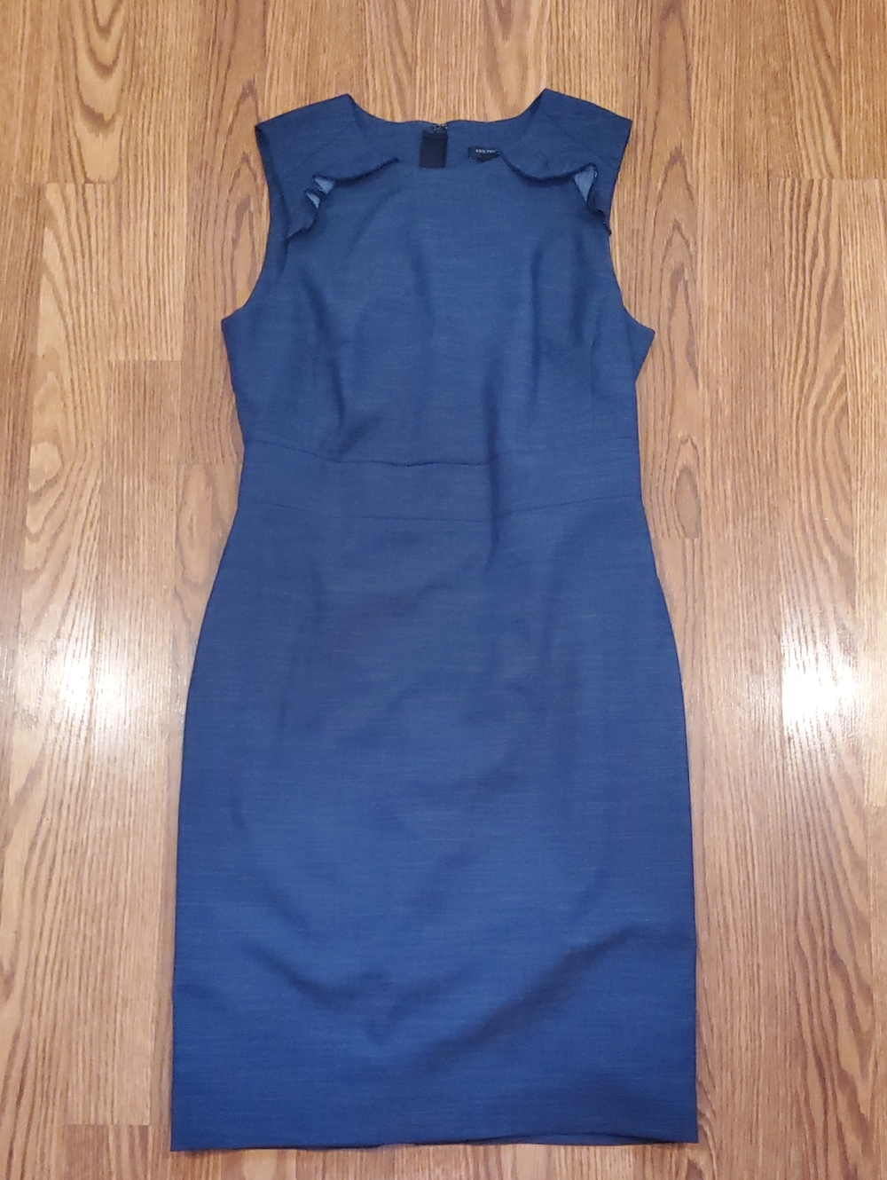 Ann Taylor Navy Sleeveless Sheath Dress with Ruffle Shoulders (Denium Lookalike)
